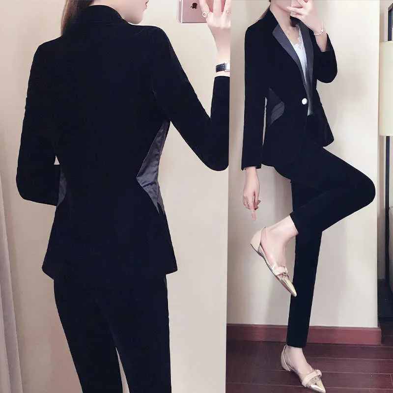 Pantaloni da donna professionali adatti ad alta qualità Blazer nero slim di grandi dimensioni in velluto dorato Casual ufficio in due pezzi 210527