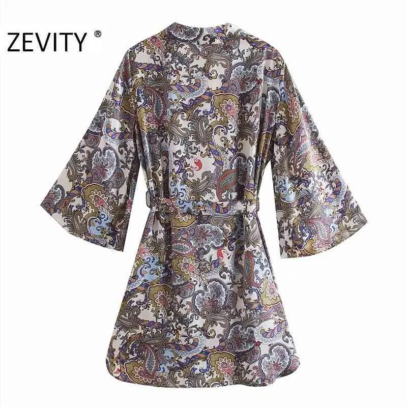 Femmes Vintage Cashew Floral Print Sashes Shirtdress Dames Paisley Kimono Robes Chic Side Split Robes décontractées DS4518 210420