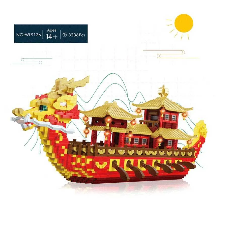 Роскошные китайские иероглифы 3236 шт. YZ мини-блоки архитектура модель лодки-дракона детские игрушки детские подарки праздничный подарок 9136 Q0723