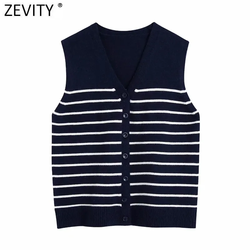 Women Fashion V Neck Striped Print Knitting Sweater Ladies Sleeveless Single Breasted Vest Chic Cardigans Tops SW823 210420