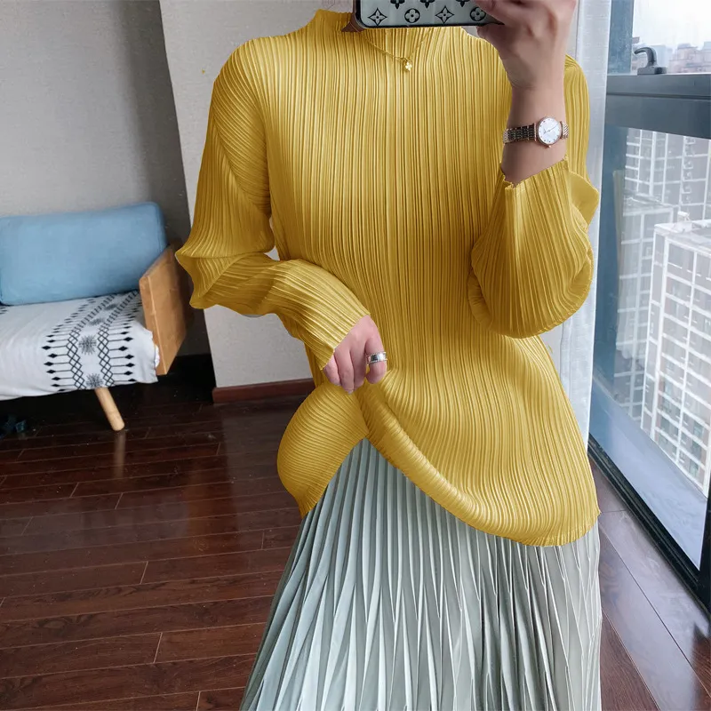 Tinapei Pleated 미적 인상 최고의 미야케 가을 기초 티셔츠 여성 자르기 긴 소매 실크 탑 한국 의류 플러스 사이즈 상단 210401