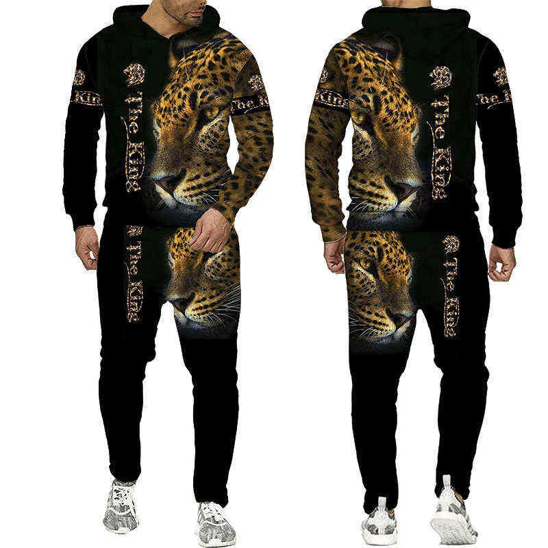 Wilder Leopard 3D-gedruckter Hoodie + Hose Schwarzer Trainingsanzug Herren Damen Sweatshirts Zweiteilige Sets Langarm Herrenbekleidung Anzug G1217