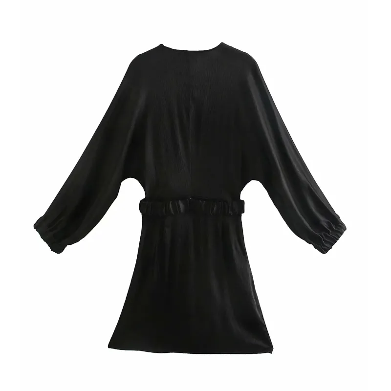 Czarna sukienka Damska Moda Elastyczny Pas Wrap Z Długim Rękawem Mini Kobieta Oficerewear Elegancki Vintage ES 210519