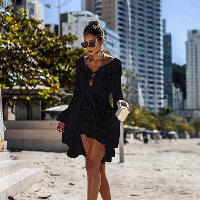 Hollow Out Assimetria Crochet Beach Skirt Sleeves Flared Sleeves Túnica de Túnica Bikini Cover-Ups Brasil Cobertura de Maquiagem de malha 210604