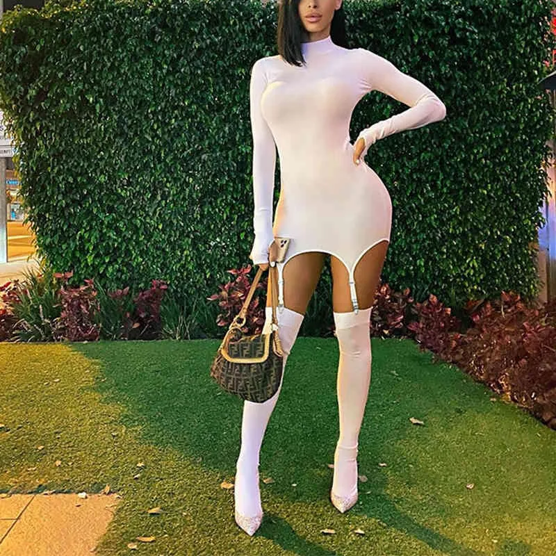 OMSJ Otoño Vestido de noche Mujer Sólido Bodycon Moda Blanco Mini con medias Manga larga Clubwear Flaco Fiesta es 210517