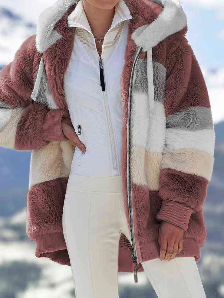 2022 Donna Inverno Plus Size Giacca lunga con orsacchiotto Caldo pile spesso Cappotto in pelliccia sintetica Peluche Donna Casual 211122