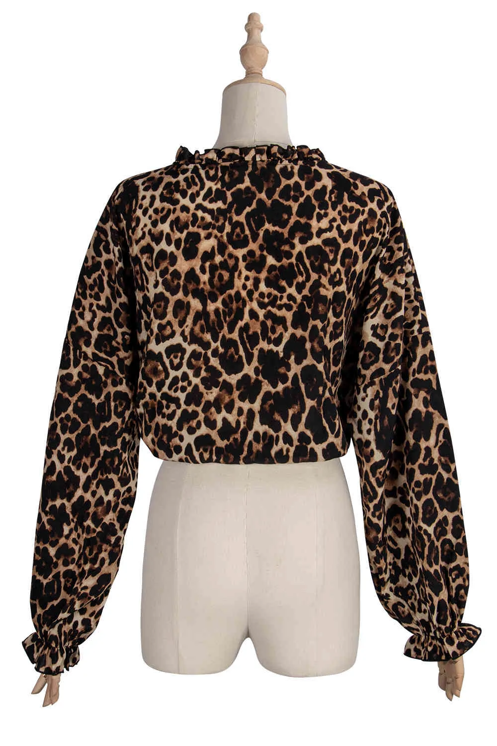 Foridol sexy Leopardenmuster Bluse Shirt Frauen Crop Top Bluse Frühling Herbst Langarm Büro Tops Schnürung vorne 210415