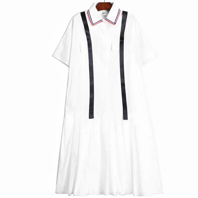 コントラストリボンステッチ半袖シャツドレス女性のゆるい薄型中長列210615