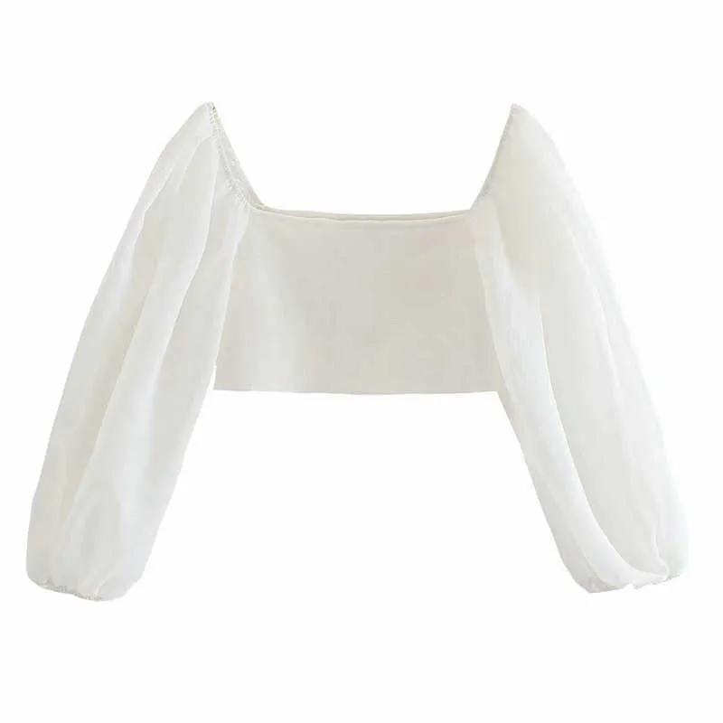 Top de punto recortado de Organza empalmado Za para mujer, blusa de verano Sexy de manga larga abullonada con hombros descubiertos, camisa blanca elástica elegante para mujer 210602