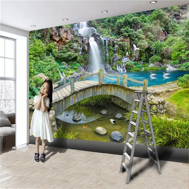 Современные роспись 3D Эффект обои водопад деревянный арк -мост маленький ручей гостиная