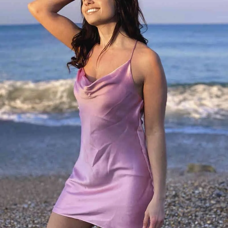 Vestito longuette rosa sexy in raso da donna sottile Summer Beach Sweet Silk es Cute Girls Chic Soft 210430