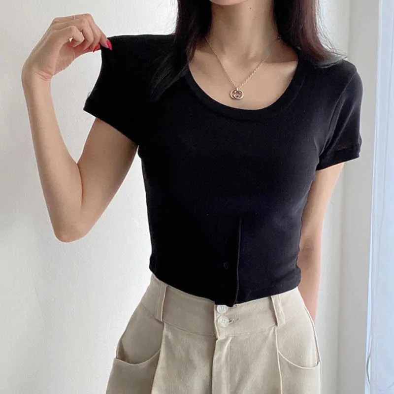 Korejpaa Women T-Shirt Summer Korean Chic Niche Basic Round Neck Careful Machine Button Design Slim Short-Sleeved Tops 210526