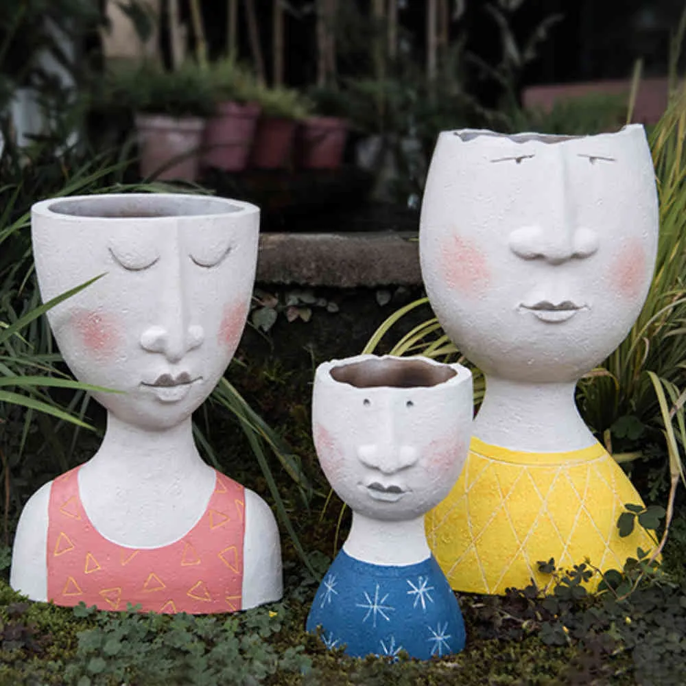 Konstporträtt Flower Pot Vase Sculpture Harts Human Face Family Flower Pot Handmiterad trädgård Förvaring Flower Arrangement Hem Dekor 26658247