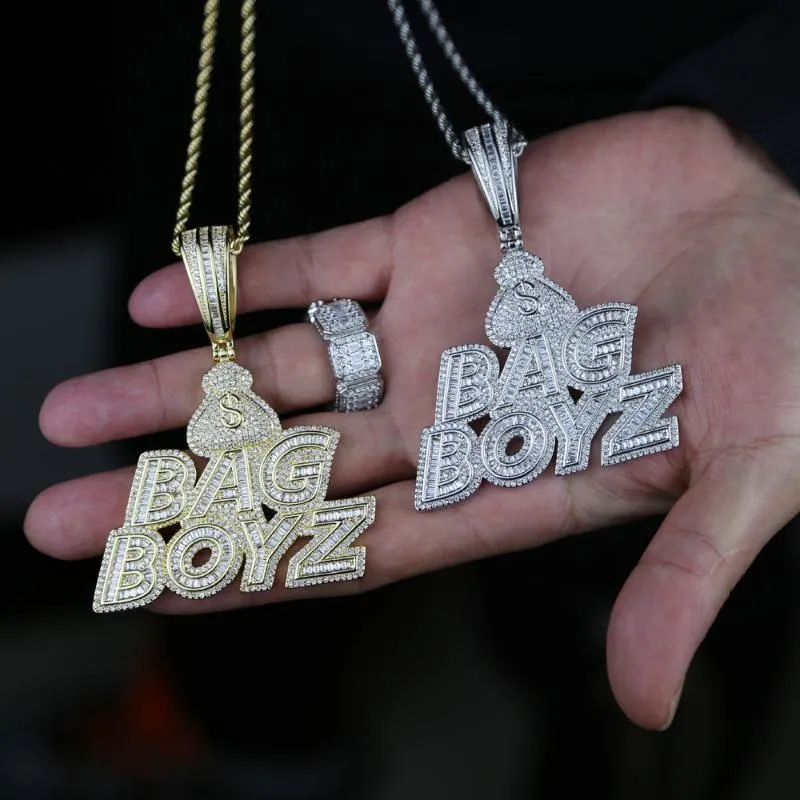 Zincirler CZ Letters Bag Boyz Kolye Kolye Buzlu Bling 5A Kübik Zirkon Dolar Sembol Para Takımı Moda Hip Hop Erkek Mücevherler217E