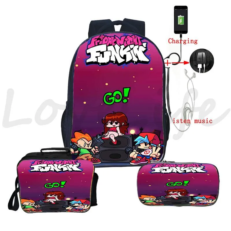 Sac à dos set vendredi soir Funkin Beautiful 3D Print Bookbag Boys Girl School Backpacks USB Charge Knapsack Lunch Box264h