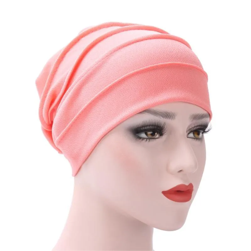 Bonnet / Skull Caps Femmes Double Couche Chapeau Chaud Perte De Cheveux Solide Foulard De Tête Étiré Fold Design Chemo Cap Coton Bandanas Musulman Hijab Turban