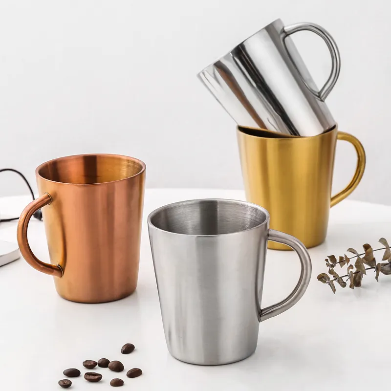High Quality 304 Stainless Steel Coffee Mug Double-walled Anti-Scald Cup Beer/Water/Tea Anti Fall Metal Travel Tumbler 320ML 220311