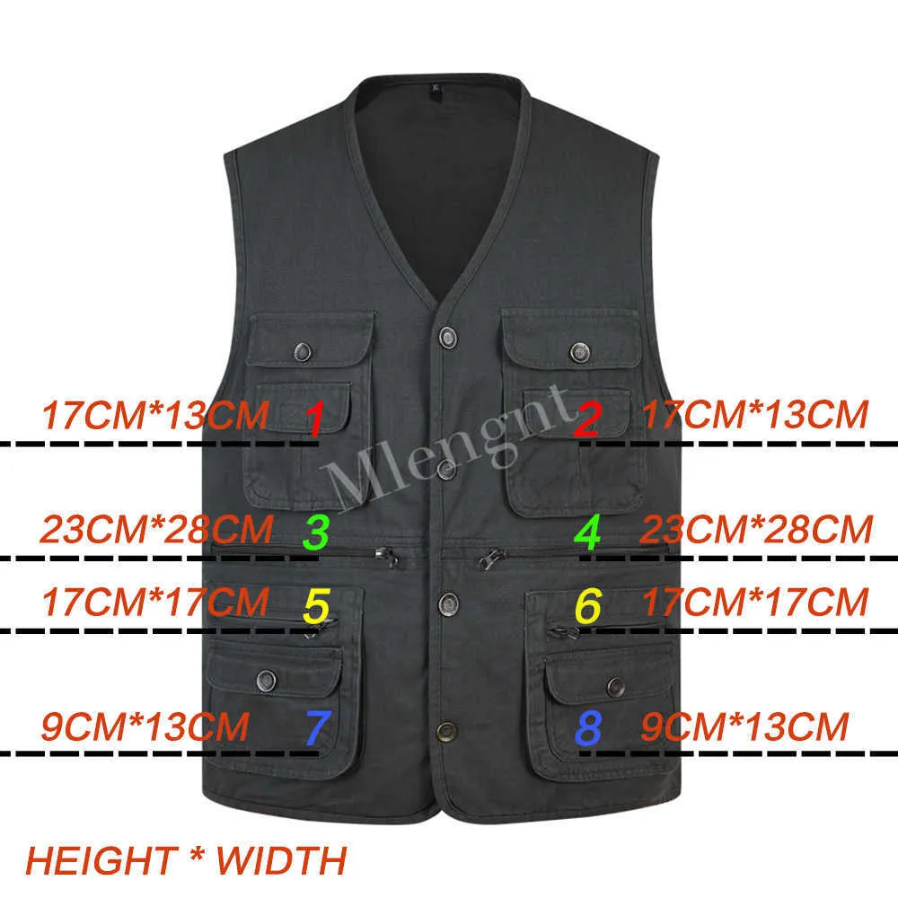 Klassieke Zomer Mannen Vest Katoen Knop Multi Pocket 3 Kleuren Mouwloze Jas Met Veel Zakken Effen Big Size Reizen vest 210923