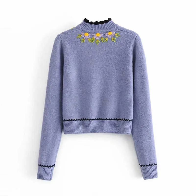 Za Blue Embroided Knitセーター女性TurtleNeck長袖刺繍花ニットトップ女性シックスリム冬用プルオーバー210602