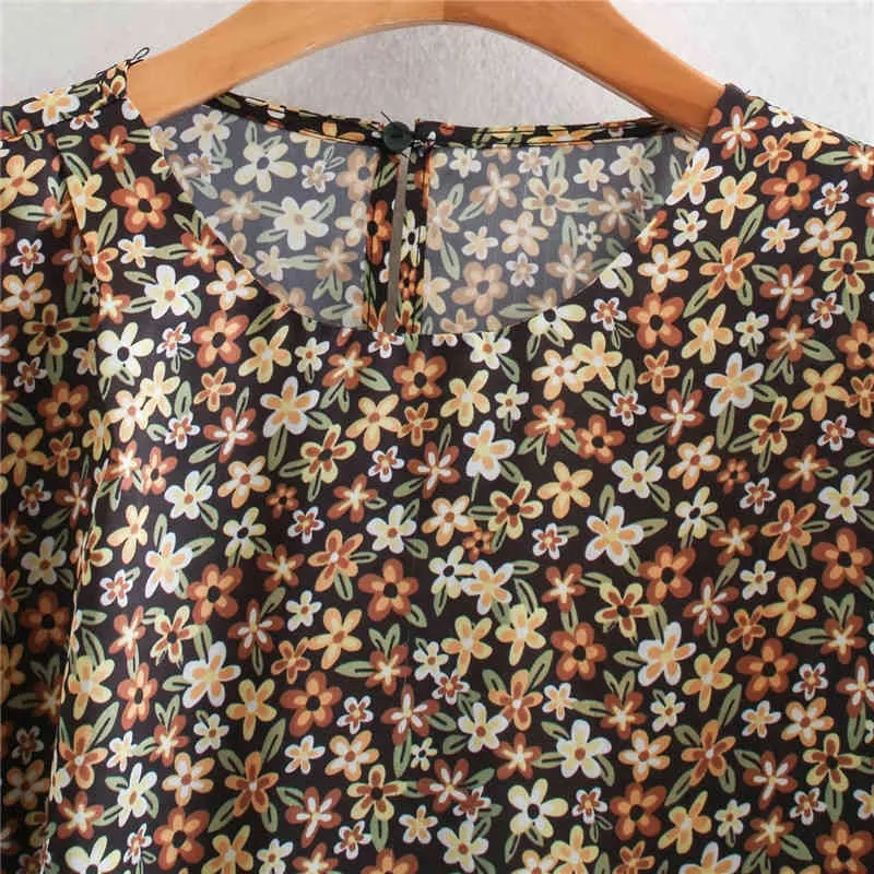 Geel Floral Print Mini Jurk Dames Herfst Winter Elastische Manchet Bladerde Puff Long Sleeve Riem Dames Elegante ES 210519