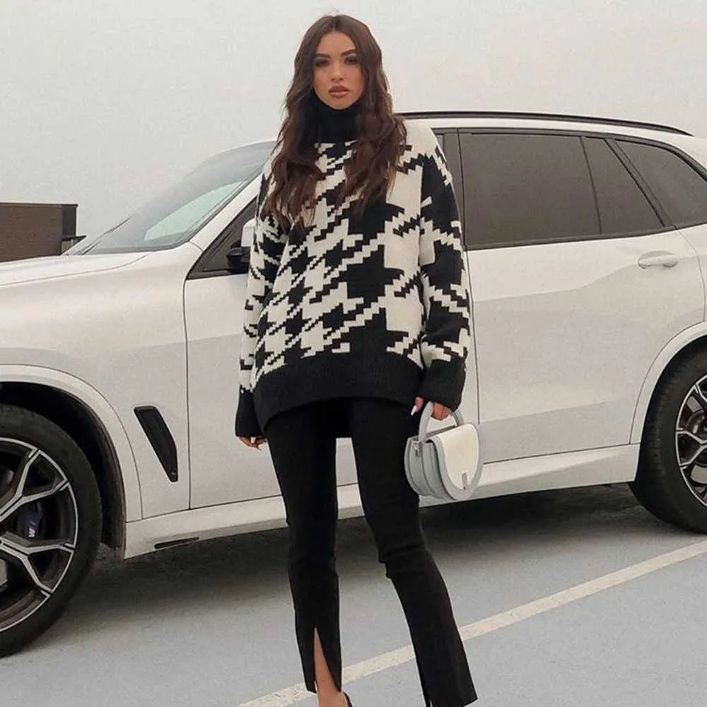 Long Sweater Dress Autumn Winter Fashion Houndstooth Black Turtleneck Sleeve Knit Pullover Tops Clothes For Women Fall 211011