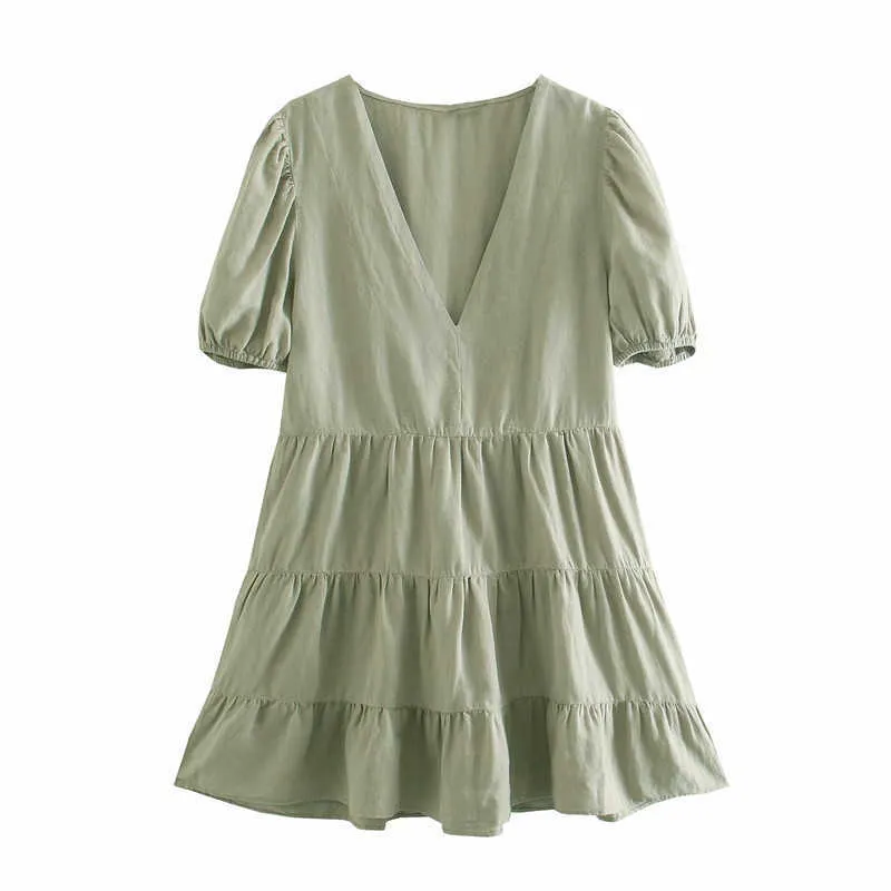 Za Linen Tiered Summer Dress Femmes Manches Courtes Bouffantes Col En V Vintage Lâche Mini Robes Femme Ourlet À Volants Casual Robe Plissée 210602