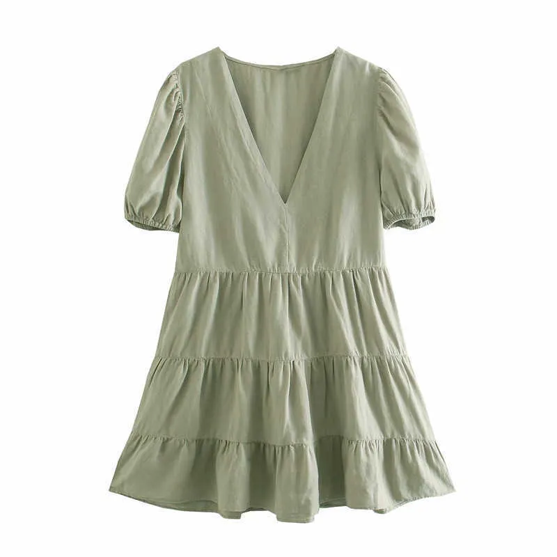 Za linnen tiered zomerjurk vrouwen korte bladerdeeg mouw v-hals vintage losse mini jurken vrouw ruche zoom casual plechtige jurk 210602