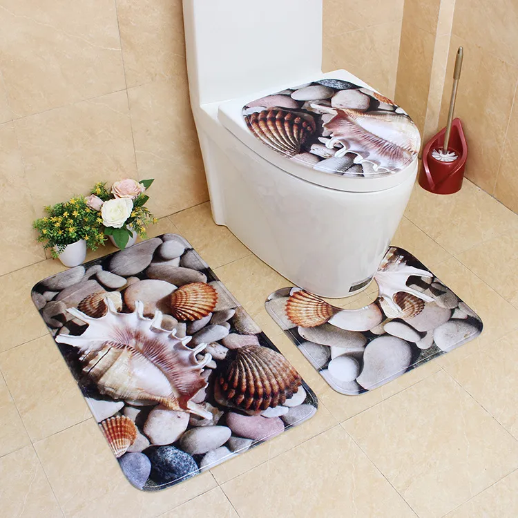 Flanel afdrukken verdikking en warme 3D cartoon badkamer slipvrije toiletkussen driedelige set badkamer tapijtbadmat 210401