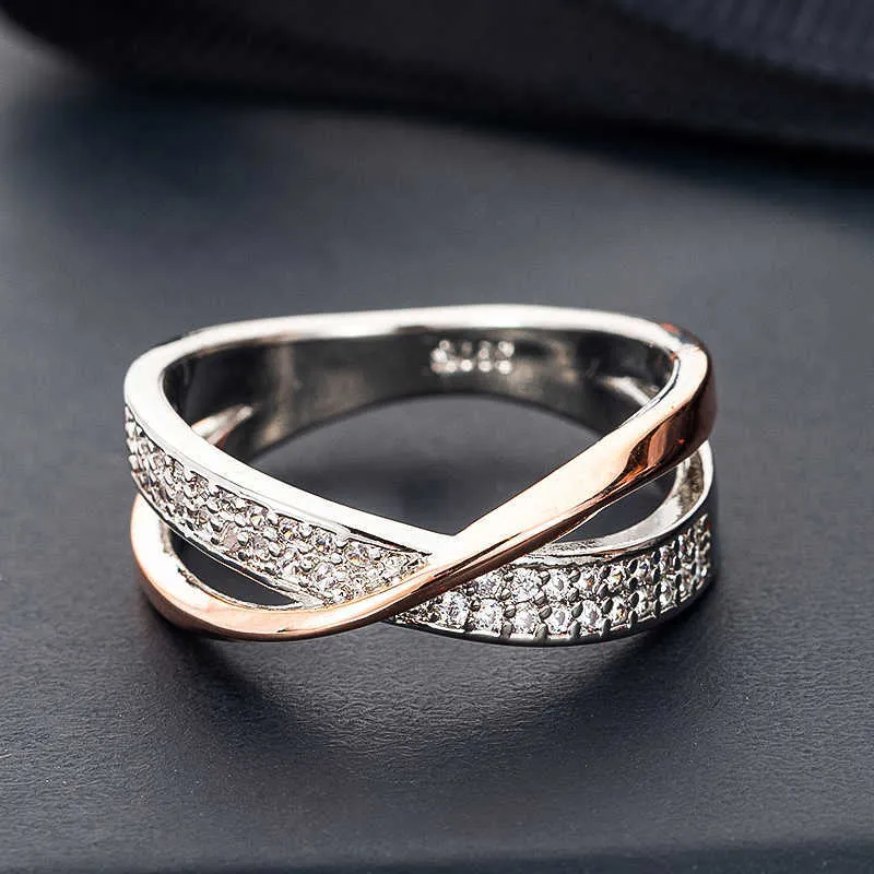 Klassisk två ton x ing finger ringar kvinnliga mode mikro asfalterade cz crystal ringar kvinnor silver färg bröllop ringar smycken p08182087460