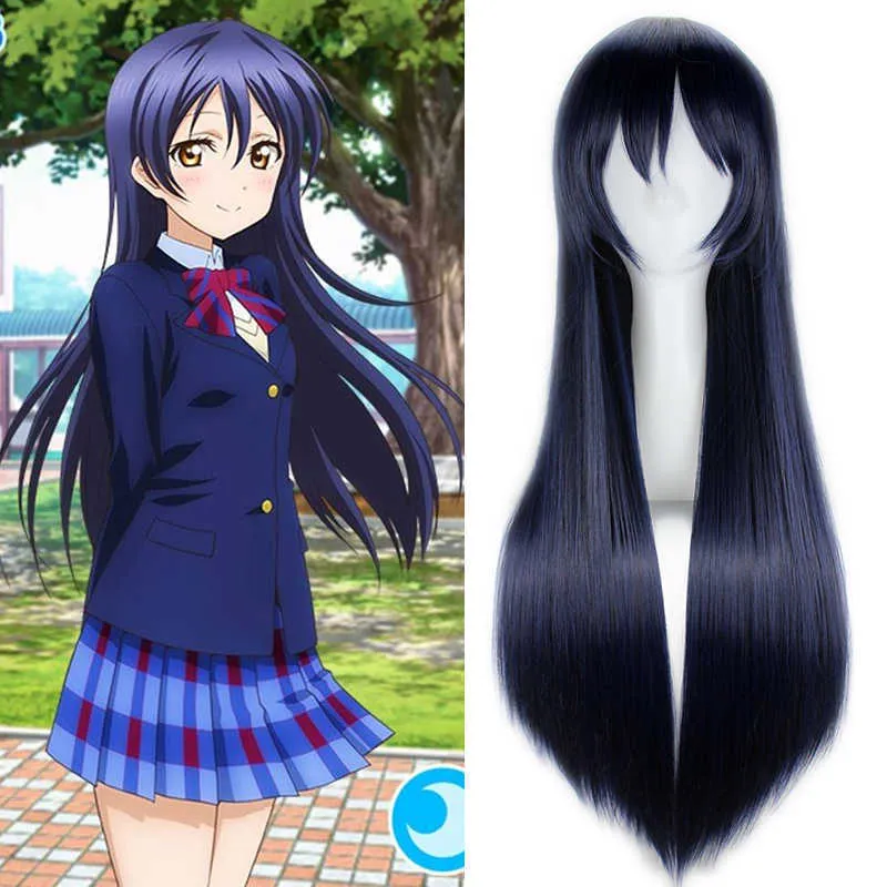 Amour en direct ! Sonoda Umi résistant à la chaleur Cosplay perruques bleu foncé noir Anime cheveux synthétiques Costume Halloween femmes perruque casquette Y0913