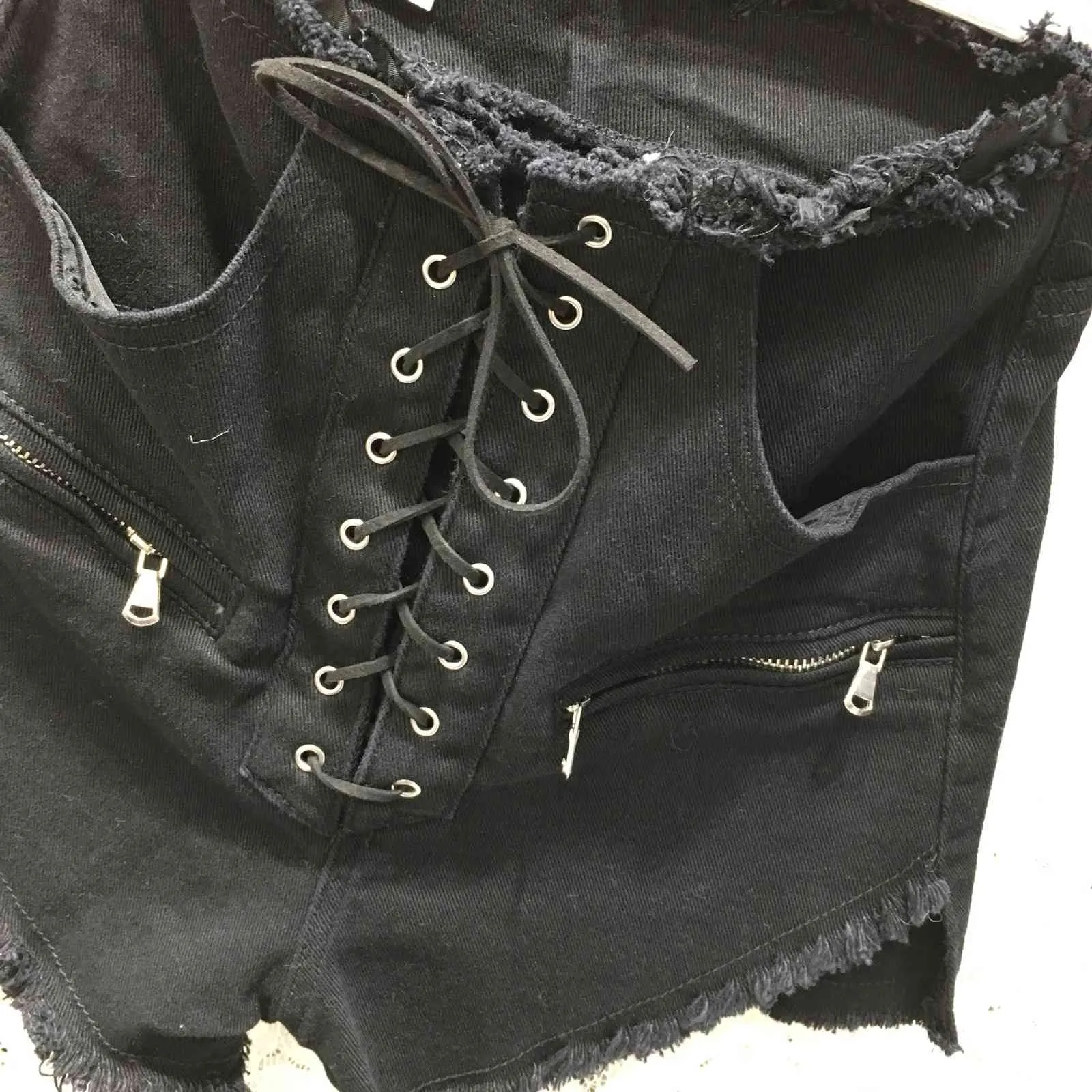 [DEAT] Solid High Waist Cross Bandage Zipper Rough Edge Jeans Short Hot Pants Streetwear New Fashion Tide Summer GX816 210428