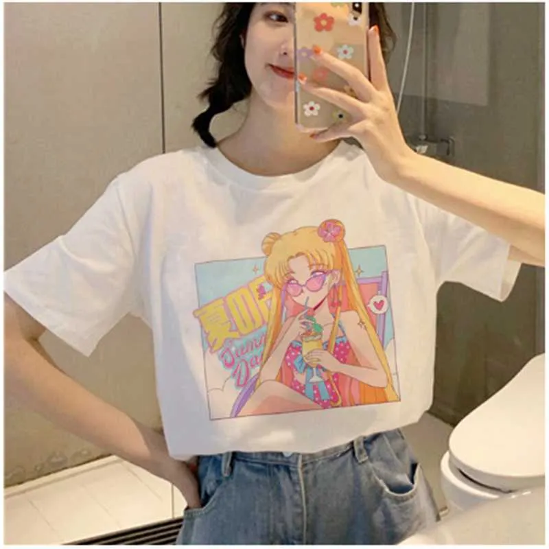 Aowof Sailor Moon Harajuku Ullzang Camiseta Damas Camiseta coreana 90s Gráfico Lindo Estético Camiseta Diversión Kawaii Top Tee Girl X0527