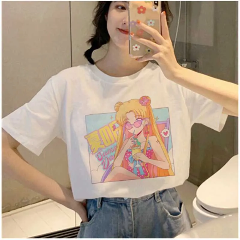 AOWOF Sailor Moon Harajuku Ullzang T-shirt da donna T-shirt coreana anni '90 Grafica carina T-shirt estetica divertente Kawaii Top Tee Girl X0527