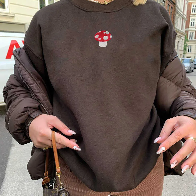 Sweatshirts Streetwear Fashion Embroidery mushroom Indie Aesthetic 90s Long Sleeve Hoodies Graphic Crewneck clothes 210803