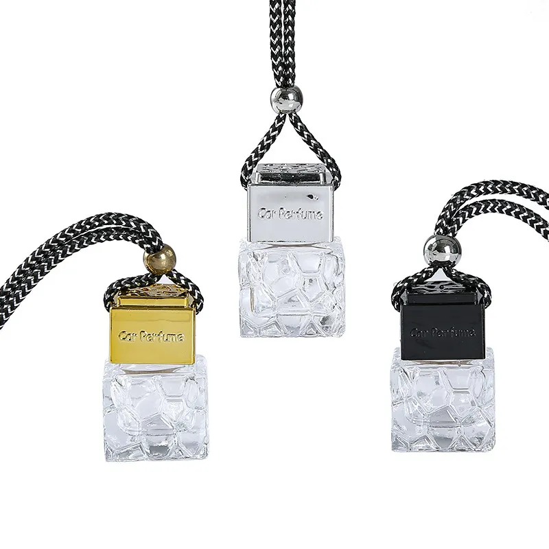 Cube Hollow Black Gold Silver Car Perfume Bottle Hanging Air Freshener Fragrance Diffuser Bottles For Essential Oils