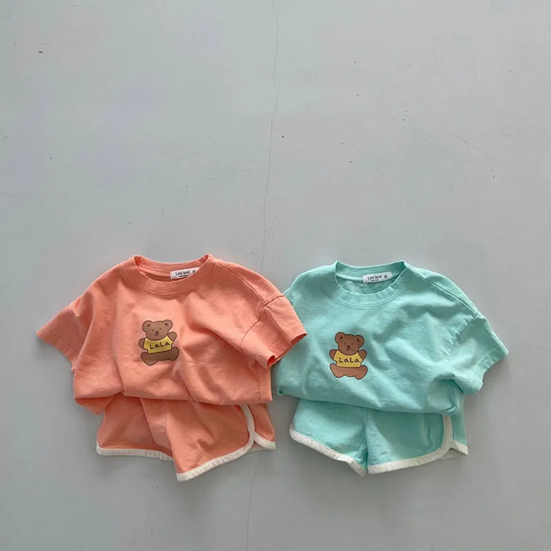 Kleinkind Baby Junge Mädchen Sommer Neue Casual Kleidung Set Baumwolle Cartoon Bär Muster Gedruckt T-shirt + Weiche Feste Shorts Hose 2 stücke 210413