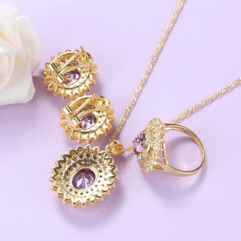 Brazilian Gold-Color Jewelry Set For Women Fashion Wedding Accessories Sunflower Hoop Earrings And Necklace Big Bracelet Sets H1022