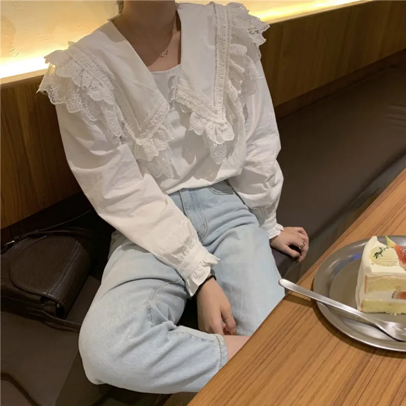 Ezgaga甘い女性のシャツ春の新しいシックな船乗りの長袖レースのパッチワーク韓国のファッションの服のソリッドホワイトシャツ210430