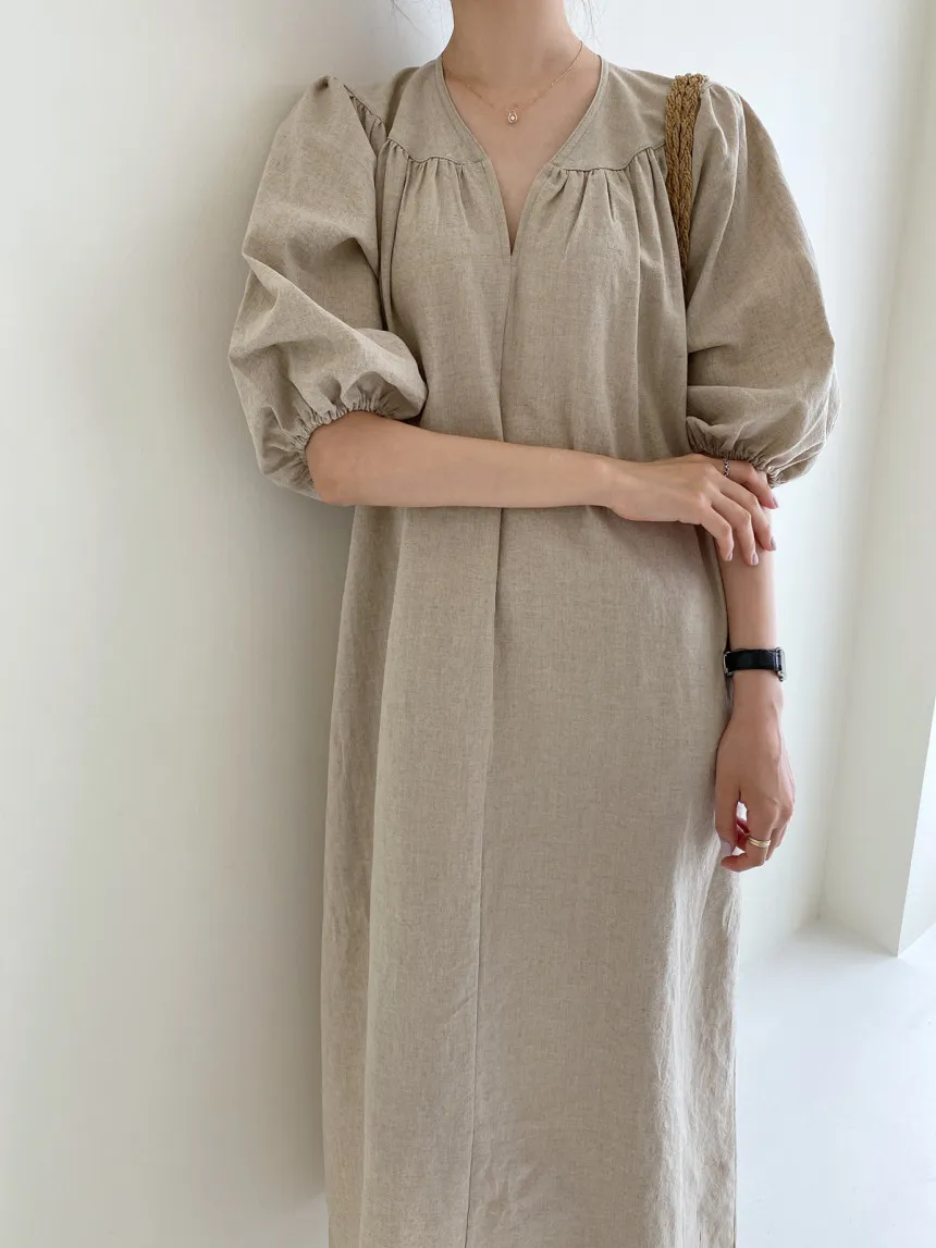 Koreanische Baumwolle Leinen Frauen Lange Maxi Kleid Sommer Halbarm V-ausschnitt Lose Taille Kleider Casual Fashion Solid Vestidos 210513