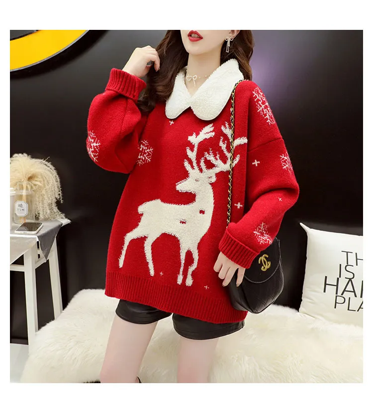 H.SA winter woman Pullover and Turn Down Collars Cartoon Cute Christmas Sweaters Deer oversize jumper 210417