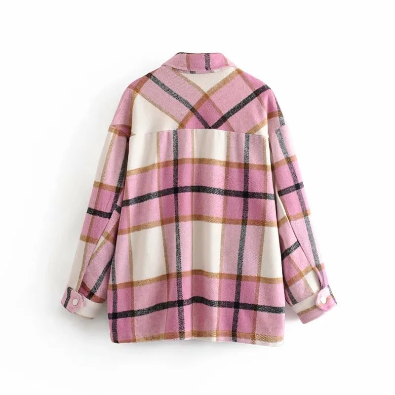 Elegante camicetta di lana scozzese dolce rosa Camicie carine ragazze Moda autunno chic Tasche spesse e calde con colletto risvoltato 210401