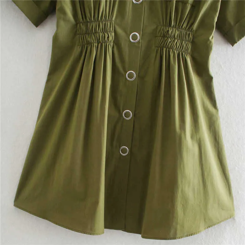 ZA Green Summer Shirt Dress Women Short Sleeve Elastic Waist Pleated Cotton Dresses Woman Snap Button Up Mini Vestidos 210602