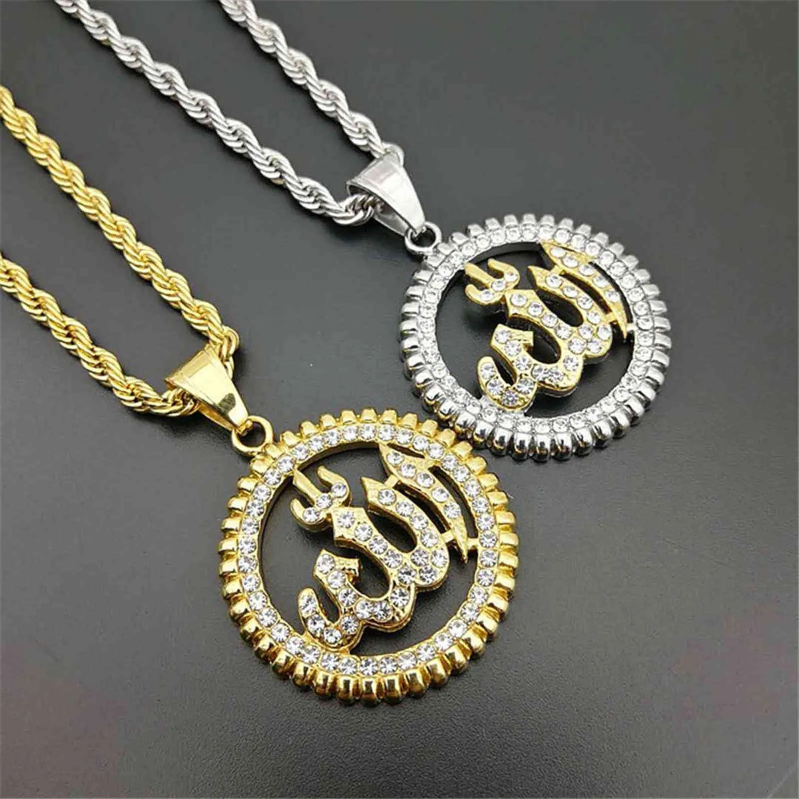 Religiöse runde Allah-Anhänger-Halsketten, goldfarbene Edelstahl-Strasssteine-Halskette, glitzernder islamischer Schmuck