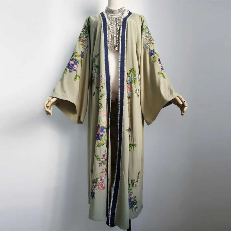 Teelynn lång boho cardigan ljus grön blommig broderi strand bikini täcker upp kaftan kimono robe sommar lösa kvinnor blouses 210722