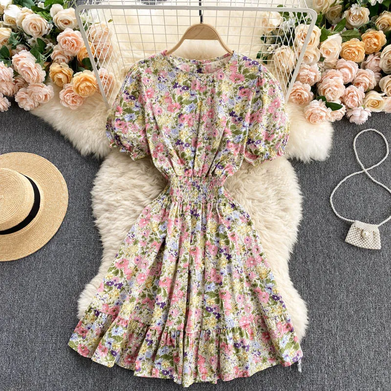 Singreiny Koreaanse Retro Floral Jurk Dames Bladerdeeg Mouw O Hals A-Lijn Ruffles Jurken Zomer Boheemse Print Ruched Short Dress 210419