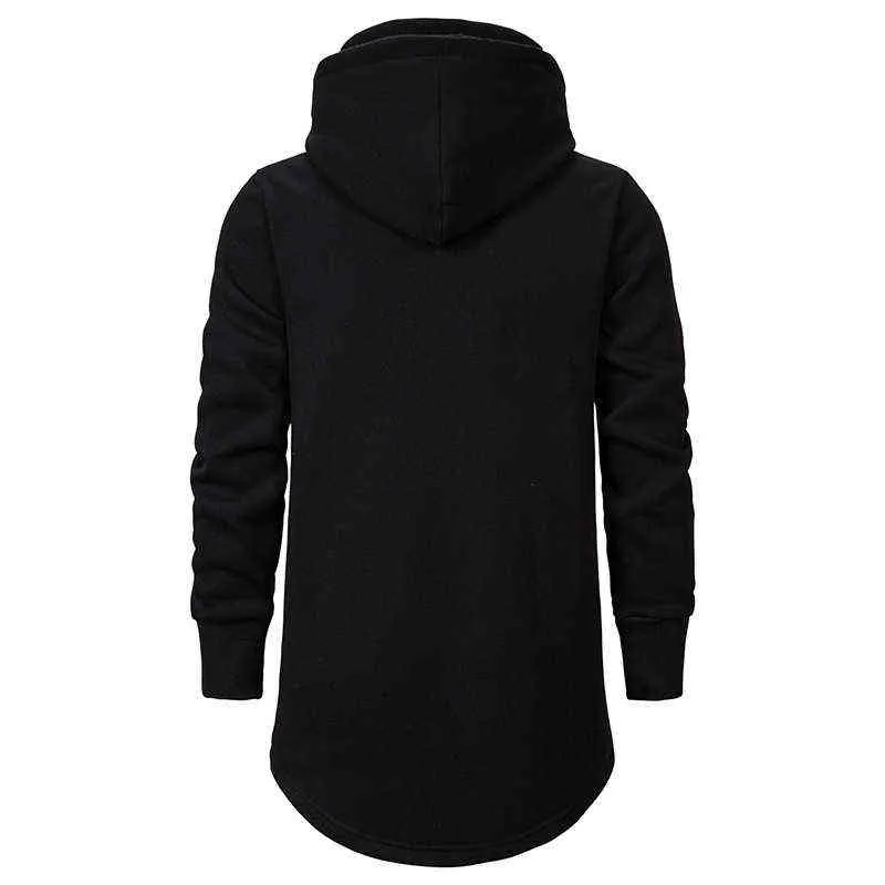 Männer Slim Long Abschnitt Hoher Kragen Kapuzenpullover Man Extend Gebogener Saum Solide schwarze Baumwolle Casual Pullover Hoodies 211217