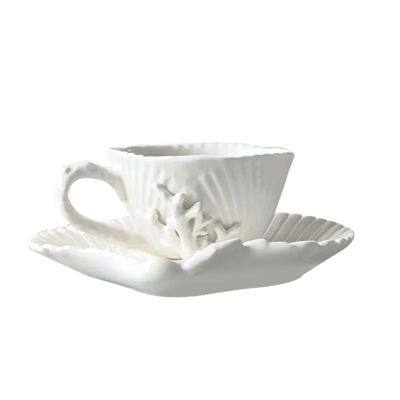 Filiżanki spodki High-end Coral Shell Relief Coffee Cup i spodek Ceramiczny popołudnie Teacup Creative Porcelain Tazas de Cafe292v