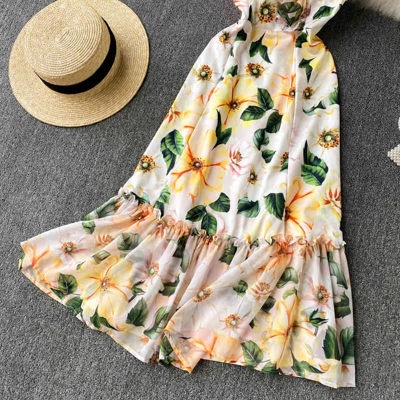 Singreiny kvinnor franska blomstertank klänning v nacke ärmlös a-line ruffles klänning sommar sexig av axel casual strand midi klänning 210419