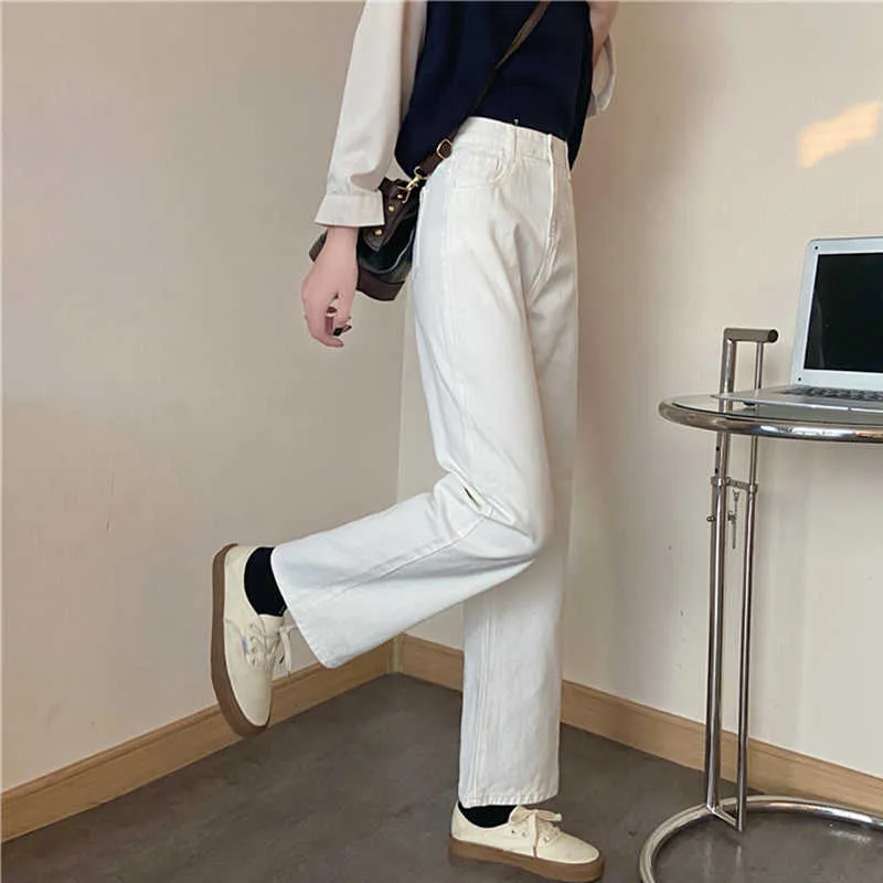 Aelegantmis taille haute jambe large Jeans femmes Vintage lâche blanc Denim pantalon décontracté noir pantalon droit Streetwear Corée Chic 210607