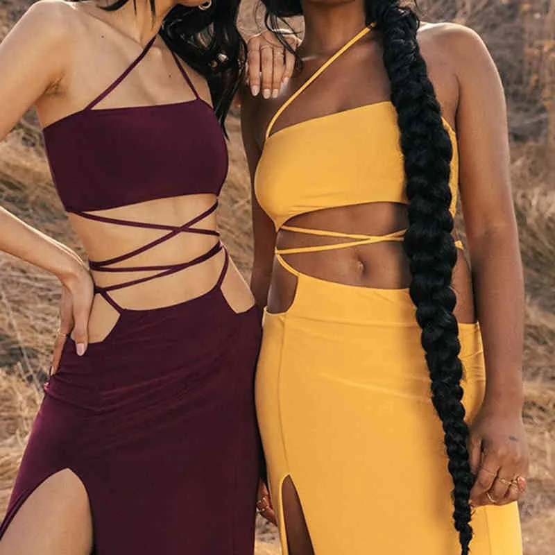 Temperament Vacation Wear Sexy Matching Sets Summer Off-shoulder Tank Top + Hollow Out Maix Skirt Lace-up Outfits 210517